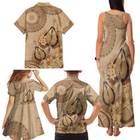 Brown Bula Fiji Family Matching Tank Maxi Dress and Hawaiian Shirt Fijian Dance Fan Tapa Cloth Pattern
