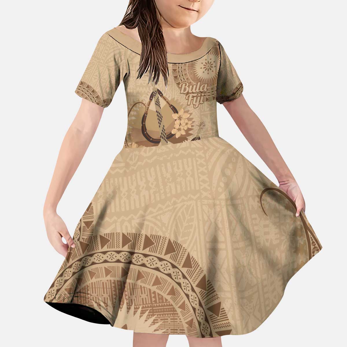 Brown Bula Fiji Kid Short Sleeve Dress Fijian Dance Fan Tapa Cloth Pattern