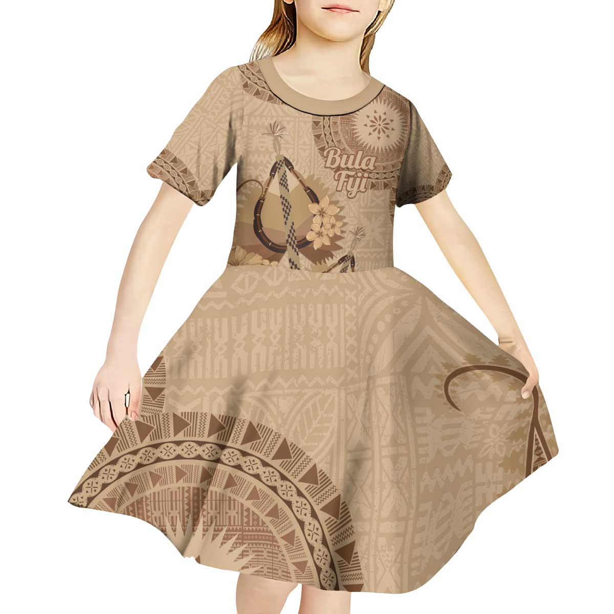 Brown Bula Fiji Kid Short Sleeve Dress Fijian Dance Fan Tapa Cloth Pattern