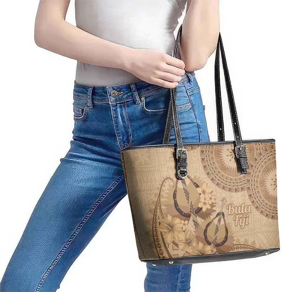 Brown Bula Fiji Leather Tote Bag Fijian Dance Fan Tapa Cloth Pattern