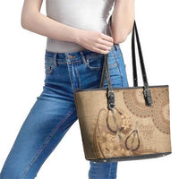 Brown Bula Fiji Leather Tote Bag Fijian Dance Fan Tapa Cloth Pattern