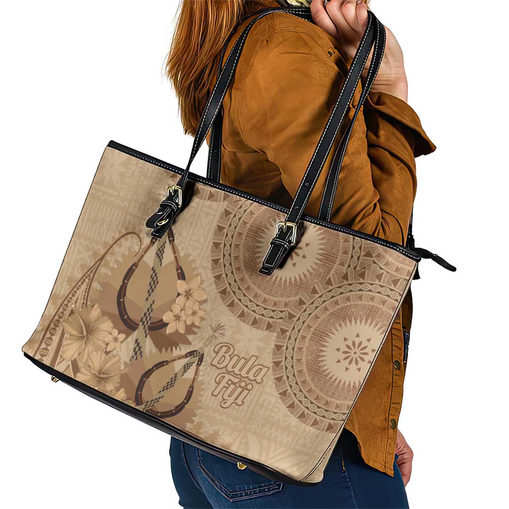 Brown Bula Fiji Leather Tote Bag Fijian Dance Fan Tapa Cloth Pattern