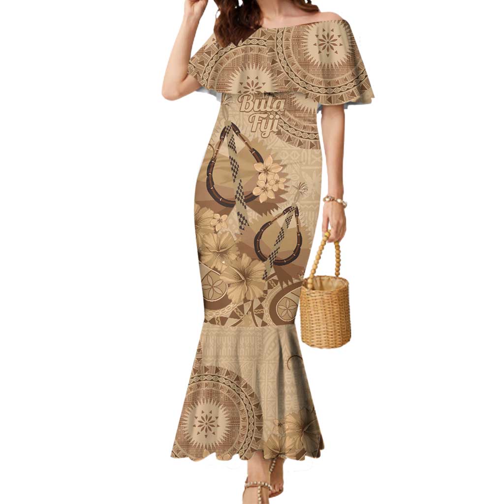 Brown Bula Fiji Mermaid Dress Fijian Dance Fan Tapa Cloth Pattern