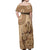 Brown Bula Fiji Off Shoulder Maxi Dress Fijian Dance Fan Tapa Cloth Pattern