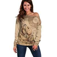Brown Bula Fiji Off Shoulder Sweater Fijian Dance Fan Tapa Cloth Pattern