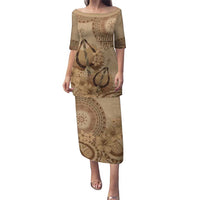 Brown Bula Fiji Puletasi Fijian Dance Fan Tapa Cloth Pattern