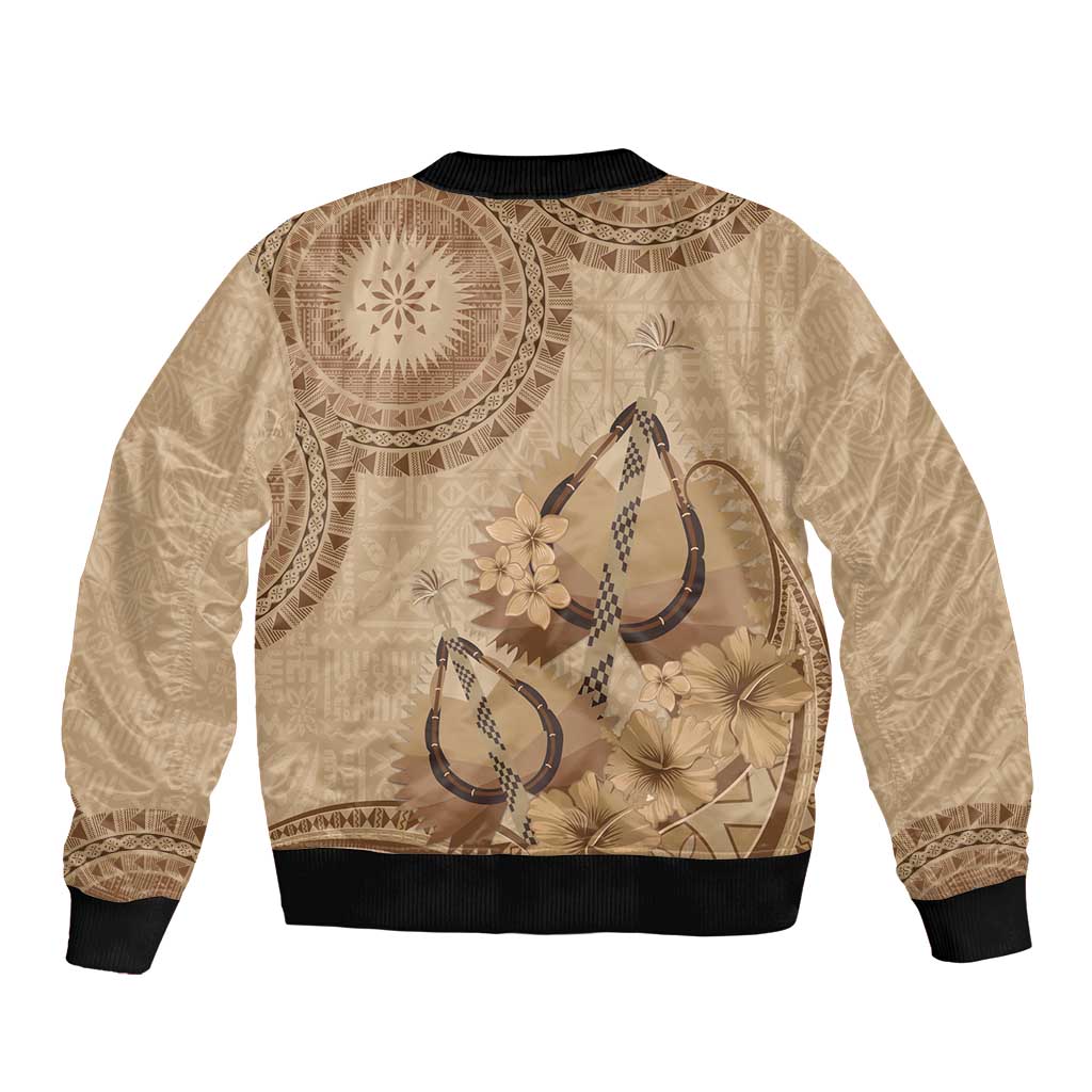 Brown Bula Fiji Sleeve Zip Bomber Jacket Fijian Dance Fan Tapa Cloth Pattern