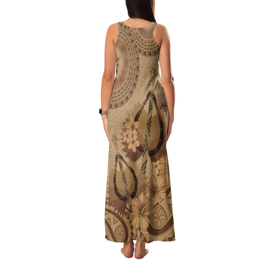 Brown Bula Fiji Tank Maxi Dress Fijian Dance Fan Tapa Cloth Pattern