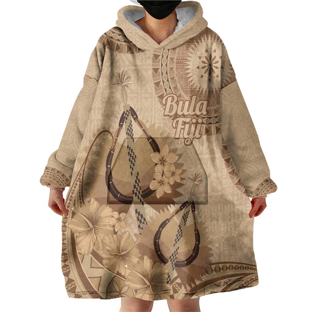 Brown Bula Fiji Wearable Blanket Hoodie Fijian Dance Fan Tapa Cloth Pattern
