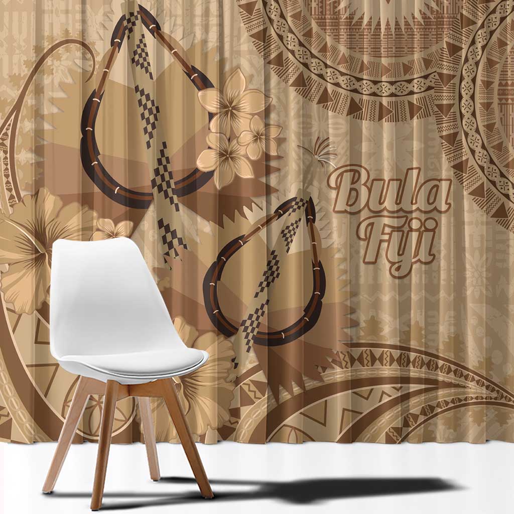 Brown Bula Fiji Window Curtain Fijian Dance Fan Tapa Cloth Pattern