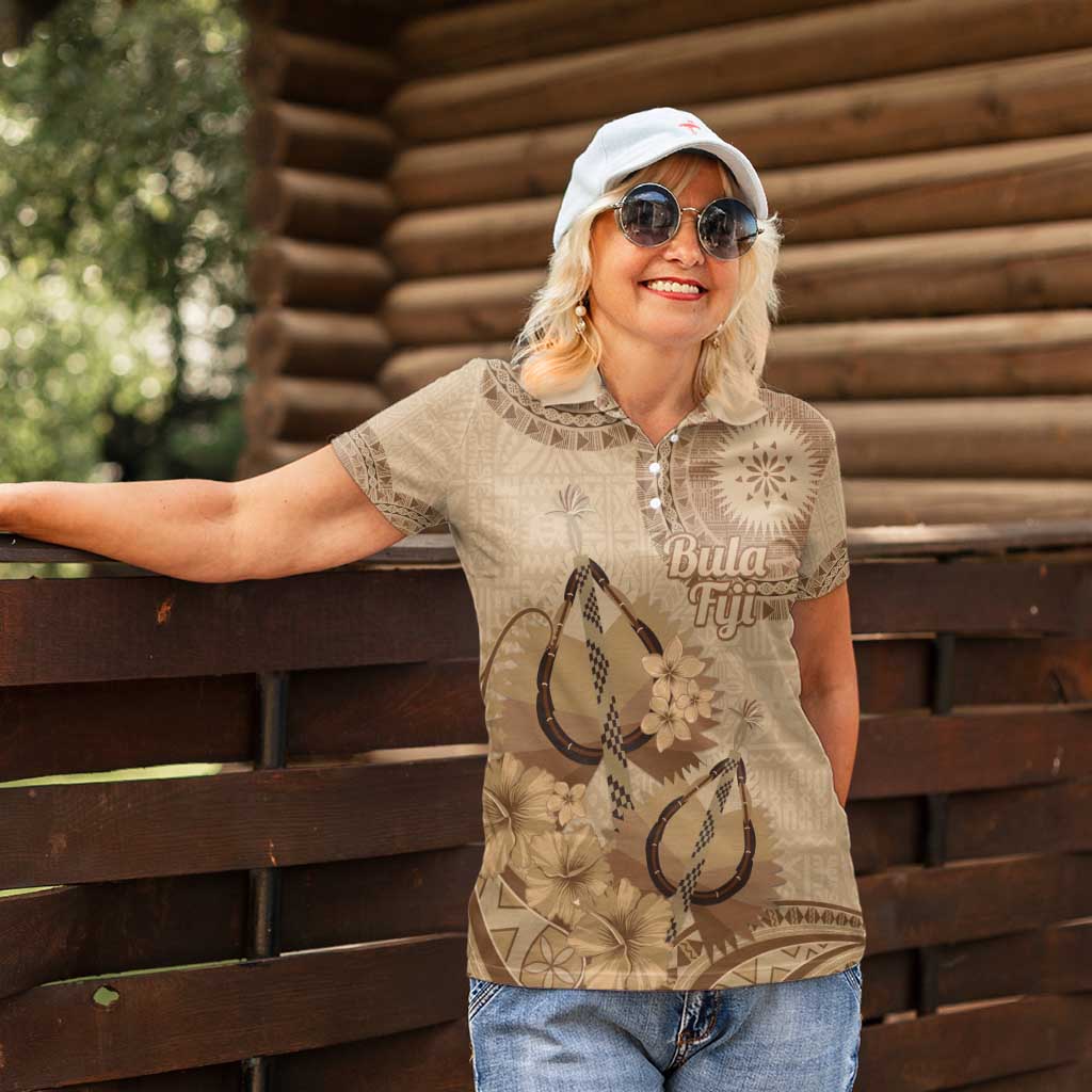 Brown Bula Fiji Women Polo Shirt Fijian Dance Fan Tapa Cloth Pattern