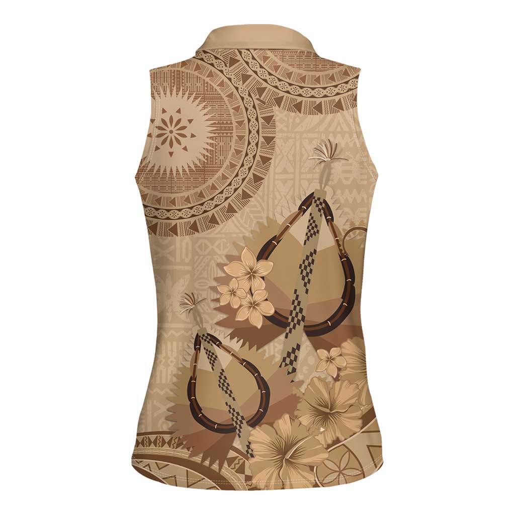 Brown Bula Fiji Women Sleeveless Polo Shirt Fijian Dance Fan Tapa Cloth Pattern