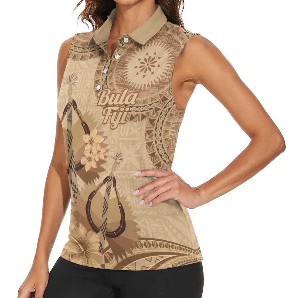 Brown Bula Fiji Women Sleeveless Polo Shirt Fijian Dance Fan Tapa Cloth Pattern
