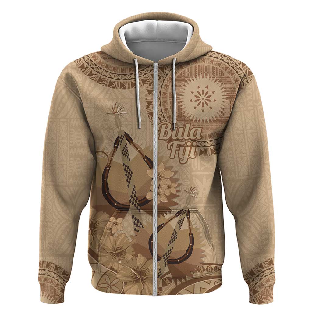 Brown Bula Fiji Zip Hoodie Fijian Dance Fan Tapa Cloth Pattern