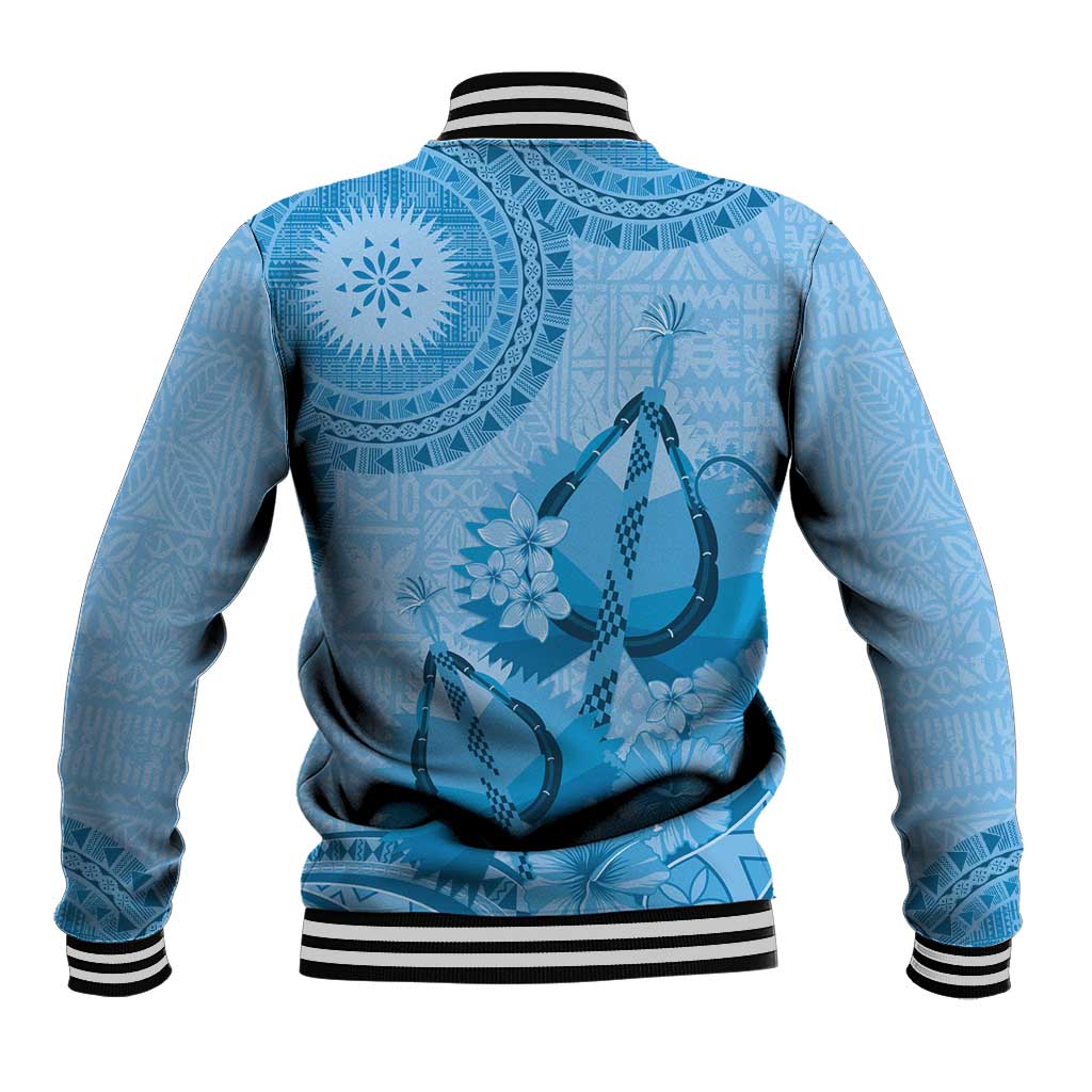 Blue Bula Fiji Baseball Jacket Fijian Dance Fan Tapa Cloth Pattern