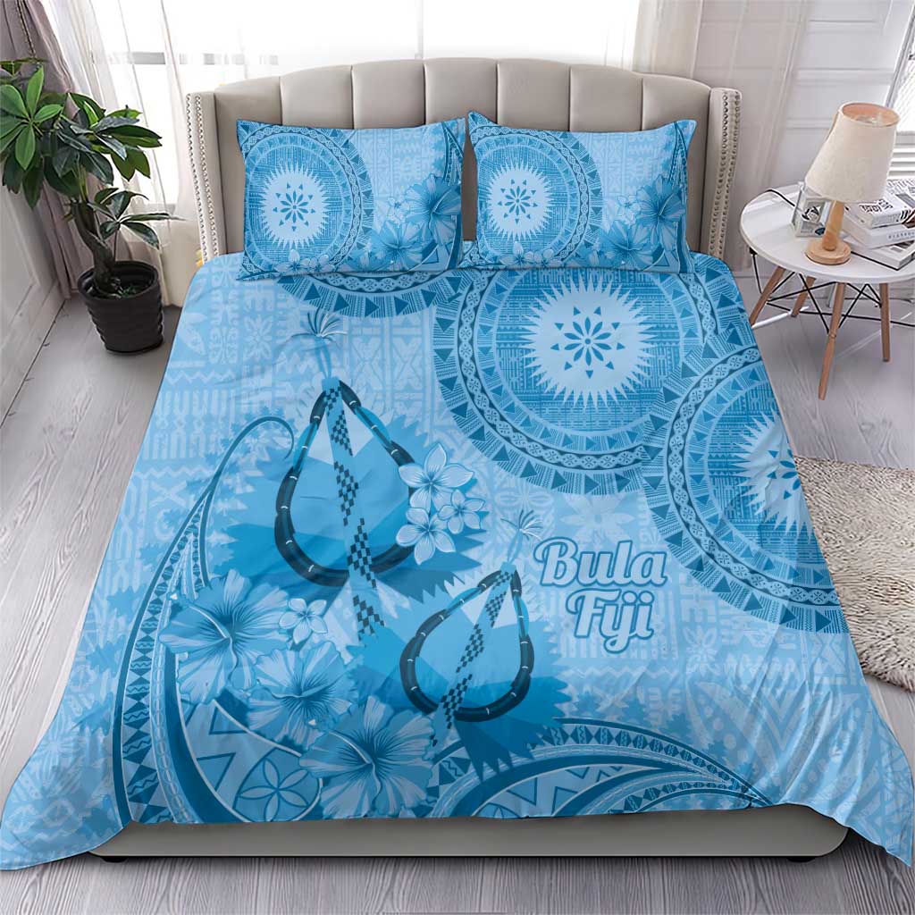 Blue Bula Fiji Bedding Set Fijian Dance Fan Tapa Cloth Pattern