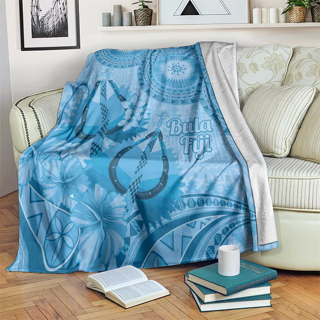 Blue Bula Fiji Blanket Fijian Dance Fan Tapa Cloth Pattern