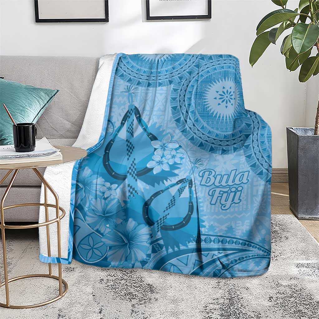 Blue Bula Fiji Blanket Fijian Dance Fan Tapa Cloth Pattern