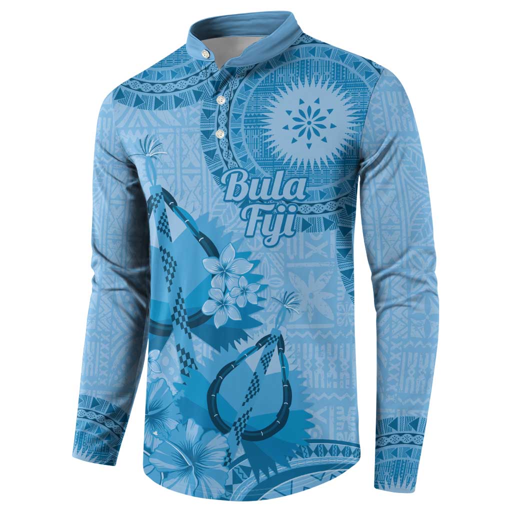 Blue Bula Fiji Button Sweatshirt Fijian Dance Fan Tapa Cloth Pattern