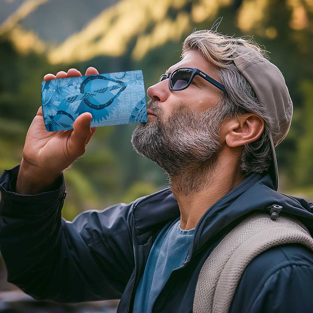 Blue Bula Fiji 4 in 1 Can Cooler Tumbler Fijian Dance Fan Tapa Cloth Pattern