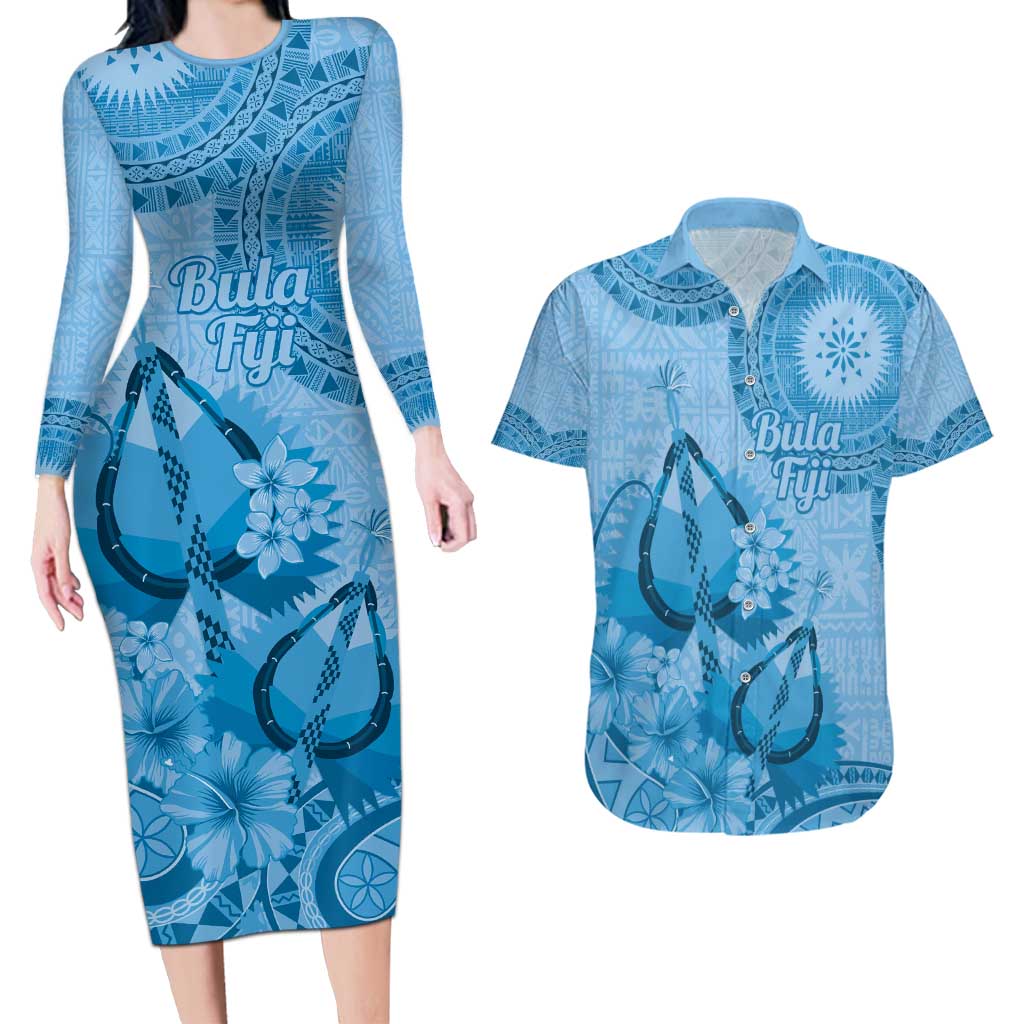 Blue Bula Fiji Couples Matching Long Sleeve Bodycon Dress and Hawaiian Shirt Fijian Dance Fan Tapa Cloth Pattern