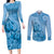 Blue Bula Fiji Couples Matching Long Sleeve Bodycon Dress and Long Sleeve Button Shirt Fijian Dance Fan Tapa Cloth Pattern