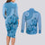 Blue Bula Fiji Couples Matching Long Sleeve Bodycon Dress and Long Sleeve Button Shirt Fijian Dance Fan Tapa Cloth Pattern