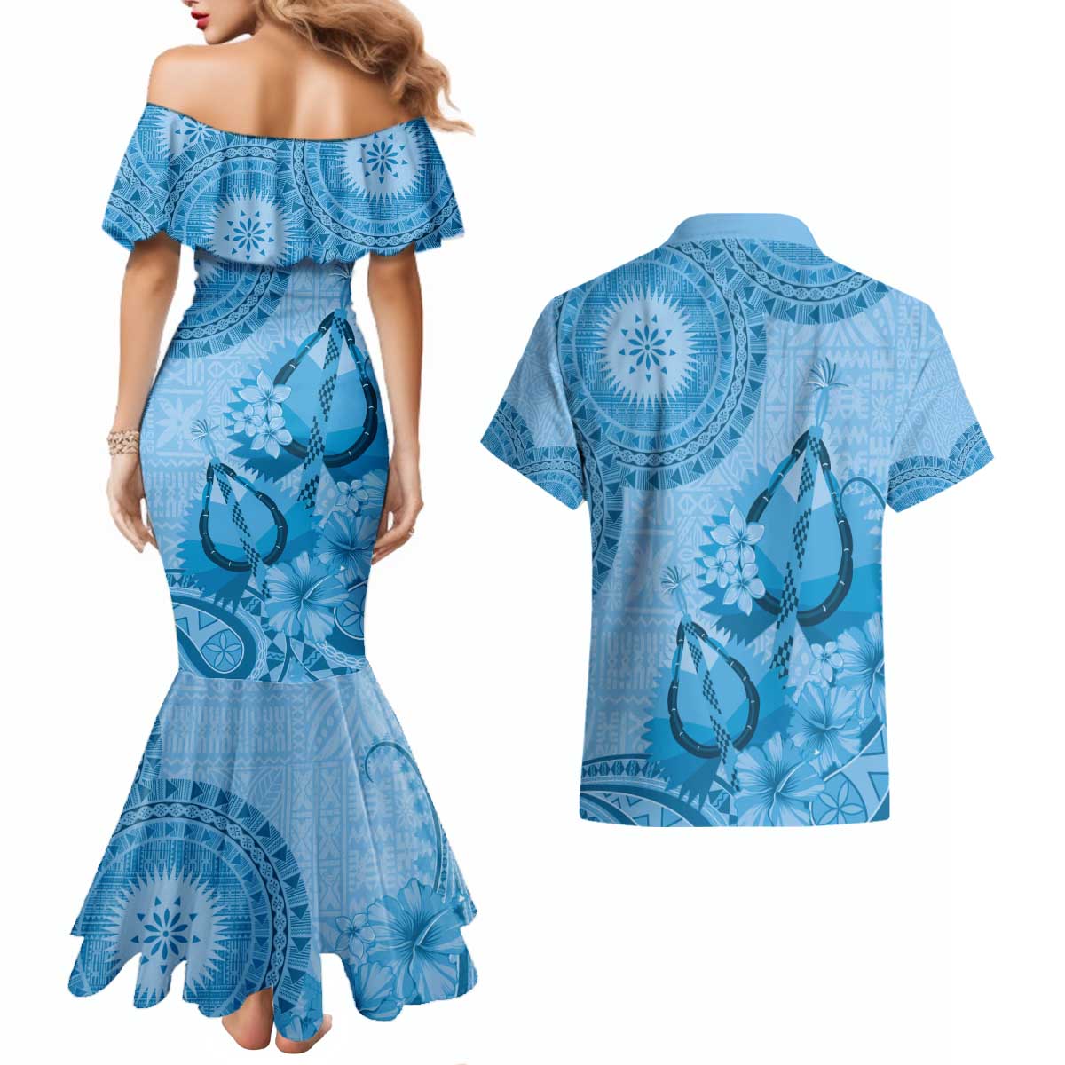 Blue Bula Fiji Couples Matching Mermaid Dress and Hawaiian Shirt Fijian Dance Fan Tapa Cloth Pattern