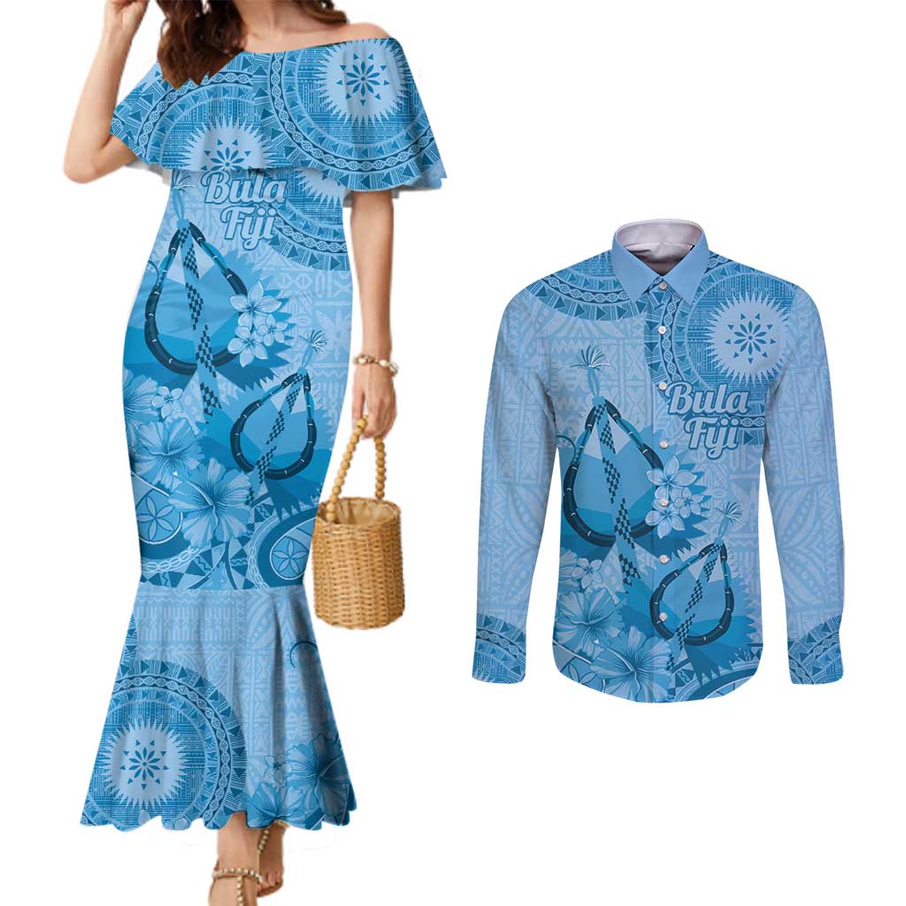 Blue Bula Fiji Couples Matching Mermaid Dress and Long Sleeve Button Shirt Fijian Dance Fan Tapa Cloth Pattern