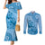 Blue Bula Fiji Couples Matching Mermaid Dress and Long Sleeve Button Shirt Fijian Dance Fan Tapa Cloth Pattern