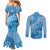 Blue Bula Fiji Couples Matching Mermaid Dress and Long Sleeve Button Shirt Fijian Dance Fan Tapa Cloth Pattern
