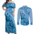 Blue Bula Fiji Couples Matching Off Shoulder Maxi Dress and Long Sleeve Button Shirt Fijian Dance Fan Tapa Cloth Pattern
