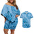 Blue Bula Fiji Couples Matching Off Shoulder Short Dress and Hawaiian Shirt Fijian Dance Fan Tapa Cloth Pattern