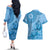 Blue Bula Fiji Couples Matching Off The Shoulder Long Sleeve Dress and Hawaiian Shirt Fijian Dance Fan Tapa Cloth Pattern