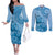 Blue Bula Fiji Couples Matching Off The Shoulder Long Sleeve Dress and Long Sleeve Button Shirt Fijian Dance Fan Tapa Cloth Pattern