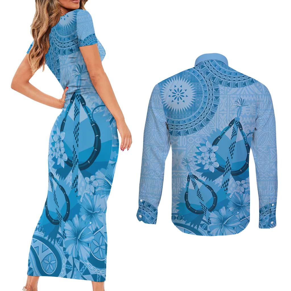 Blue Bula Fiji Couples Matching Short Sleeve Bodycon Dress and Long Sleeve Button Shirt Fijian Dance Fan Tapa Cloth Pattern