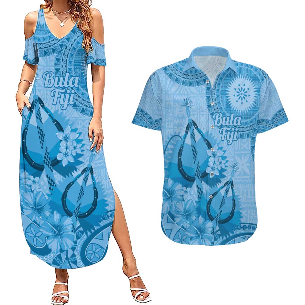 Blue Bula Fiji Couples Matching Summer Maxi Dress and Hawaiian Shirt Fijian Dance Fan Tapa Cloth Pattern