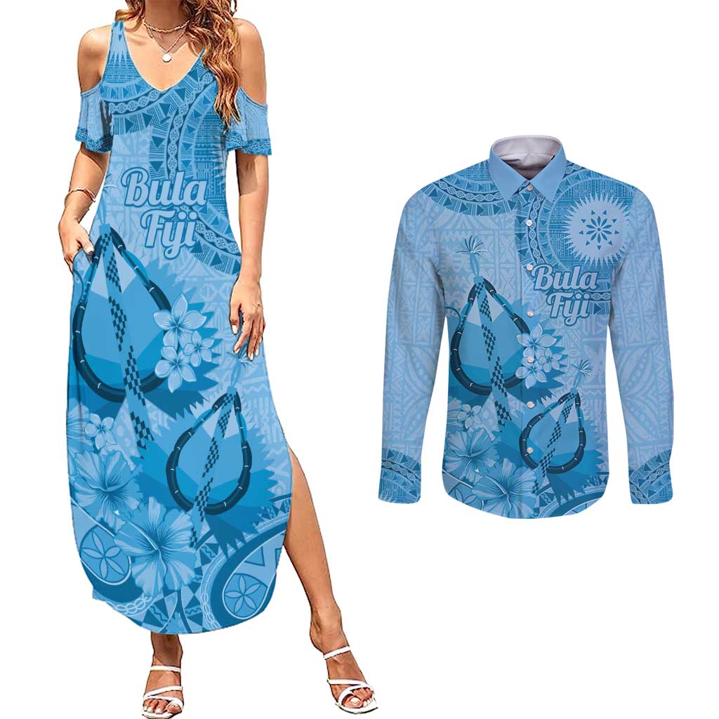 Blue Bula Fiji Couples Matching Summer Maxi Dress and Long Sleeve Button Shirt Fijian Dance Fan Tapa Cloth Pattern