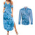 Blue Bula Fiji Couples Matching Summer Maxi Dress and Long Sleeve Button Shirt Fijian Dance Fan Tapa Cloth Pattern