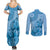 Blue Bula Fiji Couples Matching Summer Maxi Dress and Long Sleeve Button Shirt Fijian Dance Fan Tapa Cloth Pattern