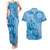 Blue Bula Fiji Couples Matching Tank Maxi Dress and Hawaiian Shirt Fijian Dance Fan Tapa Cloth Pattern
