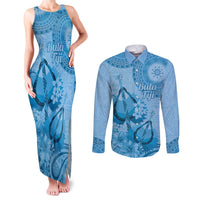 Blue Bula Fiji Couples Matching Tank Maxi Dress and Long Sleeve Button Shirt Fijian Dance Fan Tapa Cloth Pattern