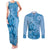 Blue Bula Fiji Couples Matching Tank Maxi Dress and Long Sleeve Button Shirt Fijian Dance Fan Tapa Cloth Pattern