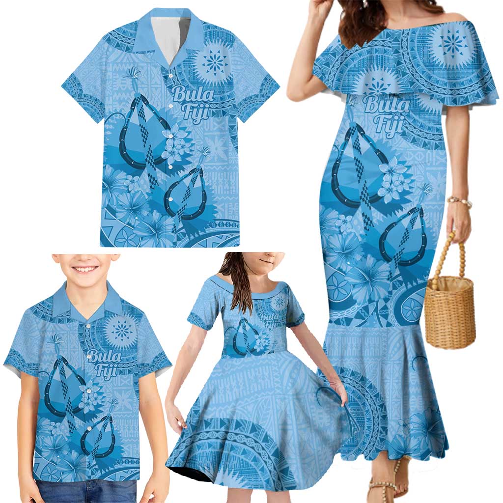 Blue Bula Fiji Family Matching Mermaid Dress and Hawaiian Shirt Fijian Dance Fan Tapa Cloth Pattern