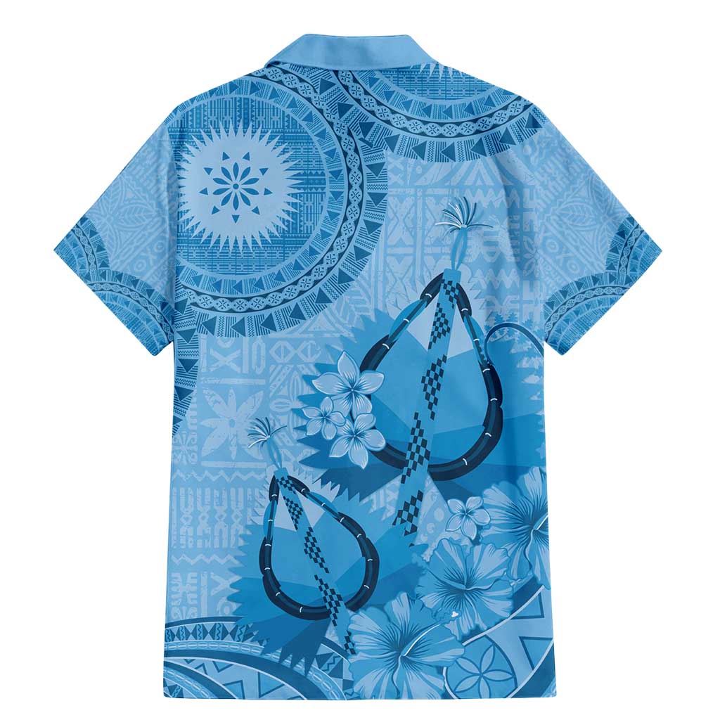 Blue Bula Fiji Family Matching Mermaid Dress and Hawaiian Shirt Fijian Dance Fan Tapa Cloth Pattern