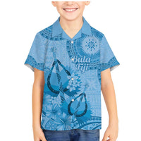 Blue Bula Fiji Family Matching Mermaid Dress and Hawaiian Shirt Fijian Dance Fan Tapa Cloth Pattern