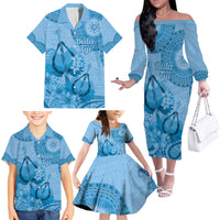 Blue Bula Fiji Family Matching Off The Shoulder Long Sleeve Dress and Hawaiian Shirt Fijian Dance Fan Tapa Cloth Pattern