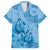 Blue Bula Fiji Family Matching Off The Shoulder Long Sleeve Dress and Hawaiian Shirt Fijian Dance Fan Tapa Cloth Pattern