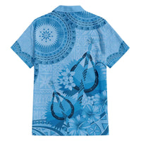 Blue Bula Fiji Family Matching Off The Shoulder Long Sleeve Dress and Hawaiian Shirt Fijian Dance Fan Tapa Cloth Pattern