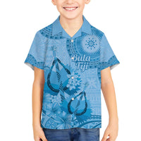 Blue Bula Fiji Family Matching Off The Shoulder Long Sleeve Dress and Hawaiian Shirt Fijian Dance Fan Tapa Cloth Pattern